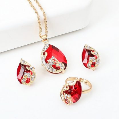 Charming Red Peacock Crystal Earrings Pendant Necklace Adjustable Rings Jewelry Set