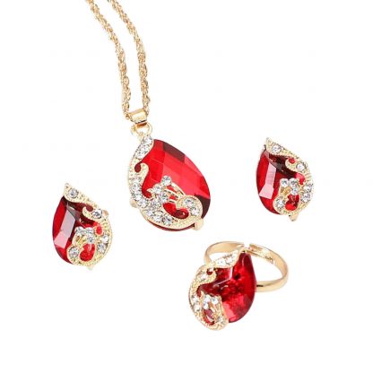 Red Peacock Crystal Earrings Pendant Necklace Adjustable Rings Set