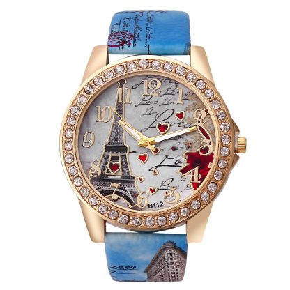 Eiffel Tower Pattern Leather Band Analog Quartz Women Watches