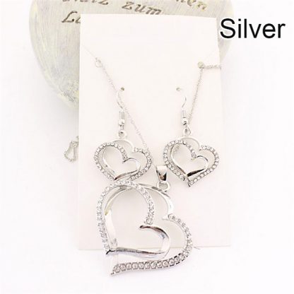 Double Heart Pendant Necklace Earrings Women Fashion Jewelry Set