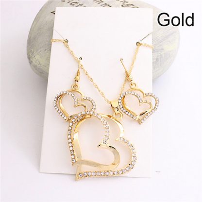 Double Heart Pendant Necklace Earrings Women Fashion Jewelry Set
