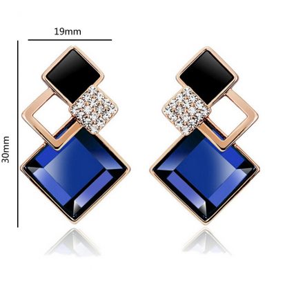 Blue Square Crystal Stud Earrings Women Fashion Jewelry