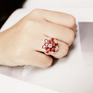 Lovely Red Flower CZ Crystal Women Fashion Jewelry Ring