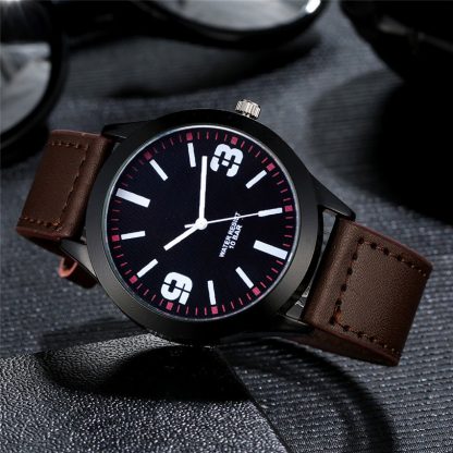 Simple Leather Band Analog Quartz Round Men Wrist Watch