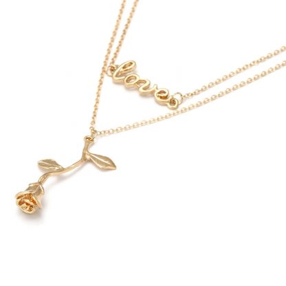 LOVE Design Double Chains Rose Women Fashion Jewelry Pendant Necklace