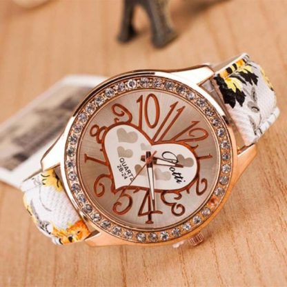 Heart Pattern Flower Leather Band Numeric Quartz Analog Women Wrist Watch