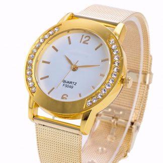 Elegant Rhinestone Golden Stainless Steel Analog Quartz Wrist Watch