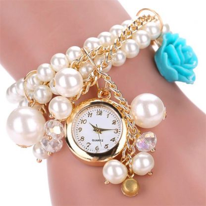 Charming Pearl Rose Linked Watch Women Fashion Bracelet Watch