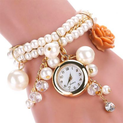 Charming Pearl Rose Linked Watch Women Fashion Bracelet Watch