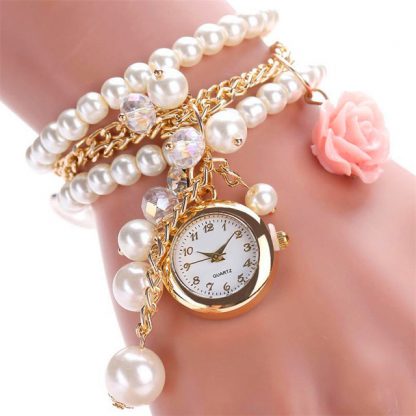 Charming Pearl Rose Linked Watch Women Fashion Bracelet Watch