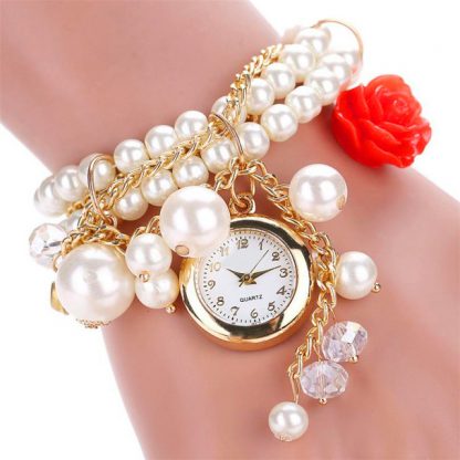 Charming Pearl Rose Linked Watch Women Fashion Bracelet Watch