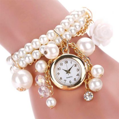 Charming Pearl Rose Linked Watch Women Fashion Bracelet Watch