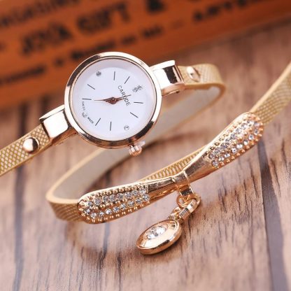 Golden Multi-Layers Leather Rhinestone Analog Quartz Women Wrist Watch