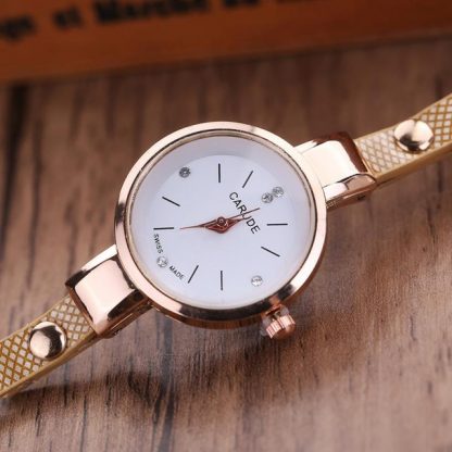 Golden Multi-Layers Leather Rhinestone Analog Quartz Women Wrist Watch