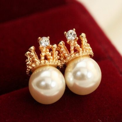 Crown Crystal Faux Pearls Stud Earrings Women Fashion Jewelry