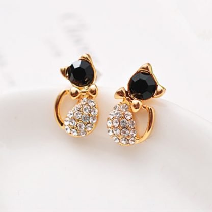 Black Crystal Rhinestones Cat Stud Earrings Women Fashion Jewelry