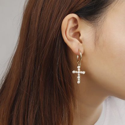 Pretty White Cross Faux Pearls Drop Earrings Women Fashion Jewelry