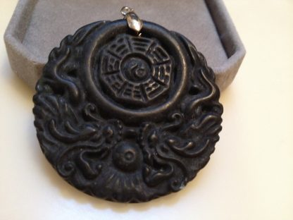Black Round Double Dragons Handmade Jade Pendant